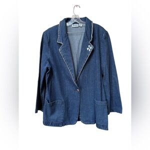Vintage Joanna Denim Blazer Pearl Trim XL 80s 90s Oversized Jean Jacket